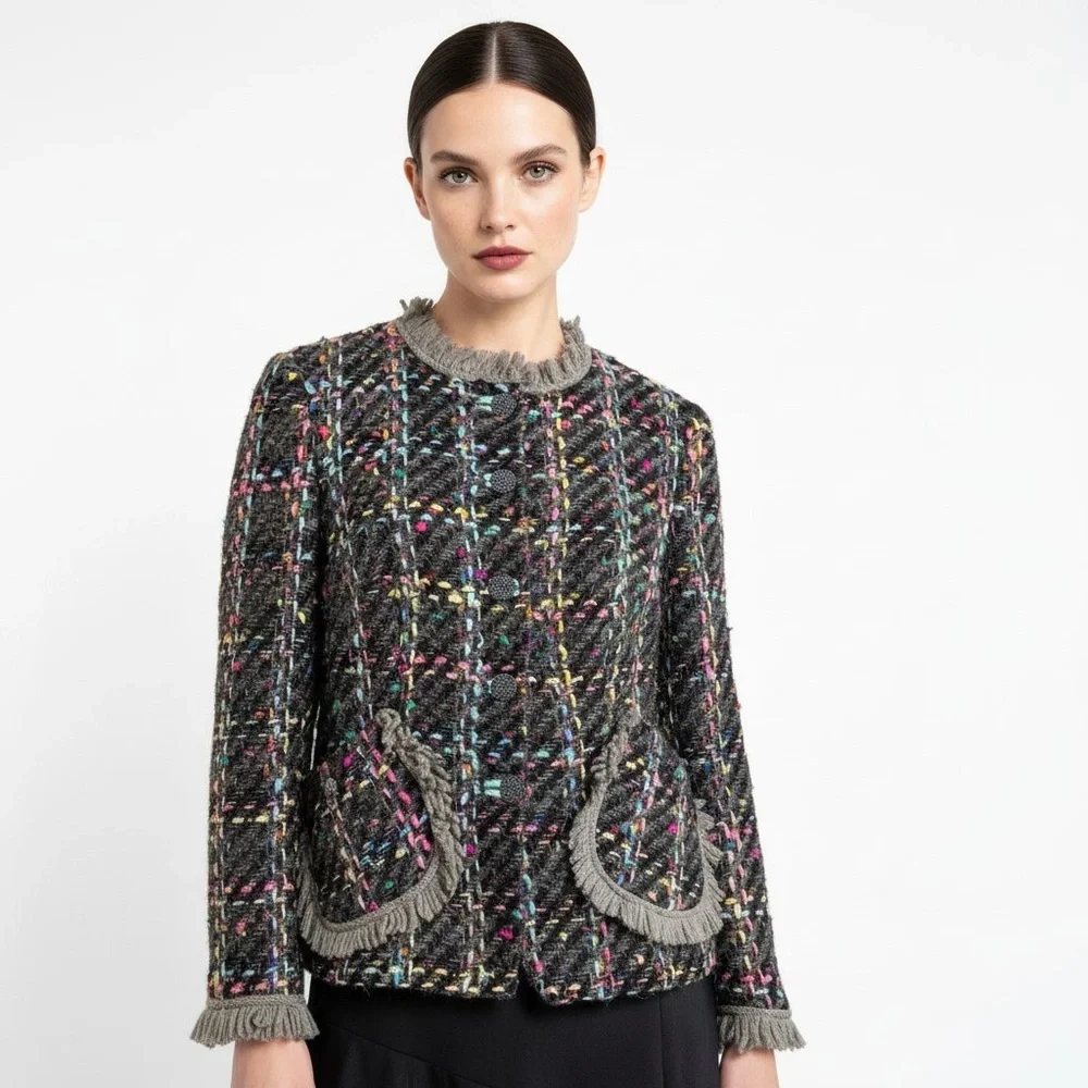 VINTAGE SINGLE BREAST BLAZER TWEED MULTICOLORE WOOL WOMEN SIZE SMALL - Picture 1 of 15